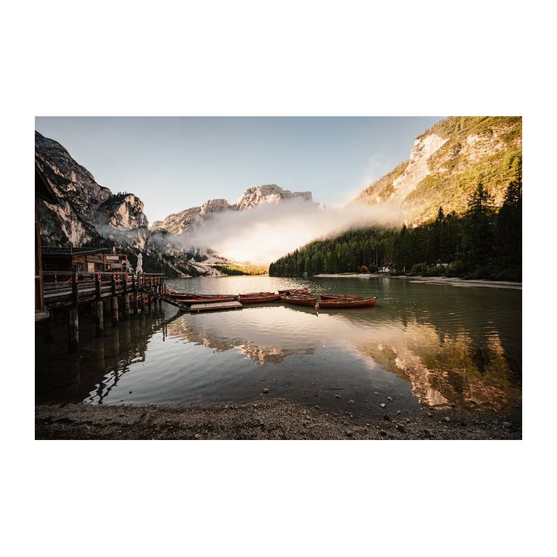 Fototapeta Boats On The Braies Lake, Pragser Wildsee In Dolomites Mountains, Sudtirol, Italy Dolomite.