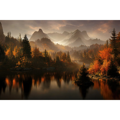 Fototapeta Ai Generated Image Of A Beautiful Landscape With Autumn Forest, A Lake And Hills