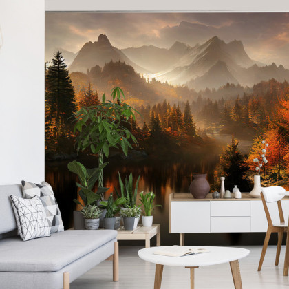 Fototapeta Ai Generated Image Of A Beautiful Landscape With Autumn Forest, A Lake And Hills