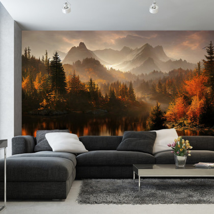 Fototapeta Ai Generated Image Of A Beautiful Landscape With Autumn Forest, A Lake And Hills