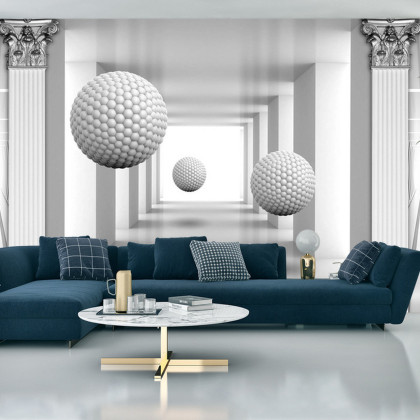 Fototapeta 3D Mural Digital Silver Tunnel With Sphere And Columns .
Modern Rendering Gray Interior Wallpaper