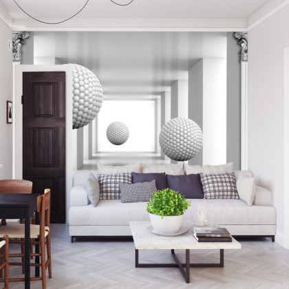 Fototapeta 3D Mural Digital Silver Tunnel With Sphere And Columns .
Modern Rendering Gray Interior Wallpaper