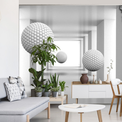 Fototapeta 3D Mural Digital Silver Tunnel With Sphere And Columns .
Modern Rendering Gray Interior Wallpaper