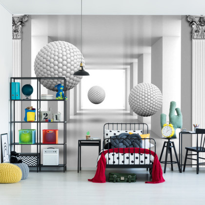 Fototapeta 3D Mural Digital Silver Tunnel With Sphere And Columns .
Modern Rendering Gray Interior Wallpaper