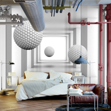 Fototapeta 3D Mural Digital Silver Tunnel With Sphere And Columns .
Modern Rendering Gray Interior Wallpaper