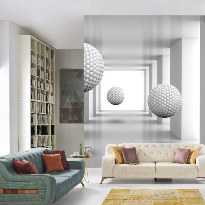 Fototapeta 3D Mural Digital Silver Tunnel With Sphere And Columns .
Modern Rendering Gray Interior Wallpaper
