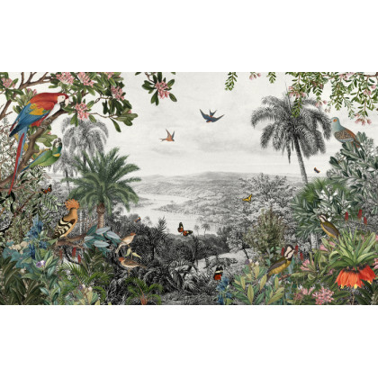 Fototapeta Tropical Jungle Wallpaper Palm Trees, Birds And Parrot In The River Land With Flying Butterflies