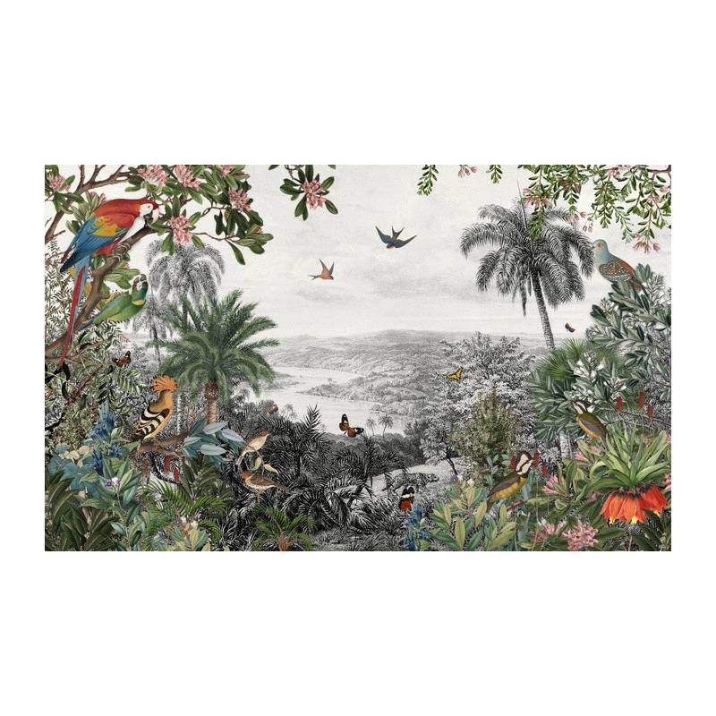Fototapeta Tropical Jungle Wallpaper Palm Trees, Birds And Parrot In The River Land With Flying Butterflies