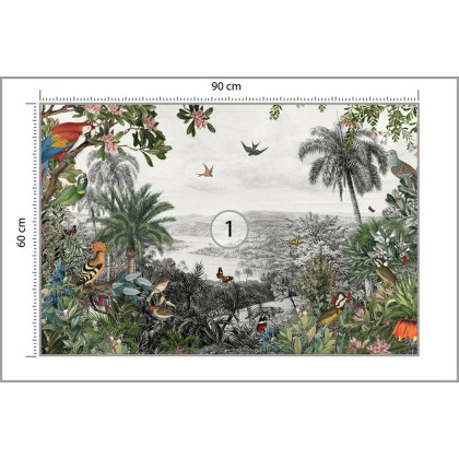 Fototapeta Tropical Jungle Wallpaper Palm Trees, Birds And Parrot In The River Land With Flying Butterflies