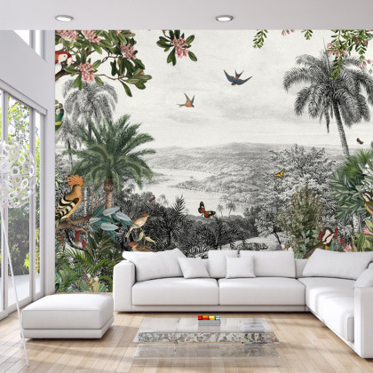 Fototapeta Tropical Jungle Wallpaper Palm Trees, Birds And Parrot In The River Land With Flying Butterflies