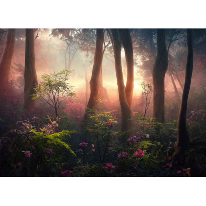 Fototapeta Colorful Sunset Forest Scenery With Beautiful Trees And Plants, Natural Green Environment With Amazing Nature