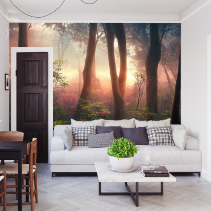 Fototapeta Colorful Sunset Forest Scenery With Beautiful Trees And Plants, Natural Green Environment With Amazing Nature
