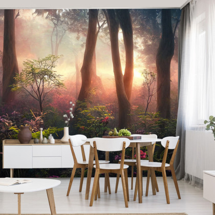 Fototapeta Colorful Sunset Forest Scenery With Beautiful Trees And Plants, Natural Green Environment With Amazing Nature