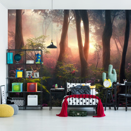 Fototapeta Colorful Sunset Forest Scenery With Beautiful Trees And Plants, Natural Green Environment With Amazing Nature