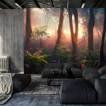 Fototapeta Colorful Sunset Forest Scenery With Beautiful Trees And Plants, Natural Green Environment With Amazing Nature