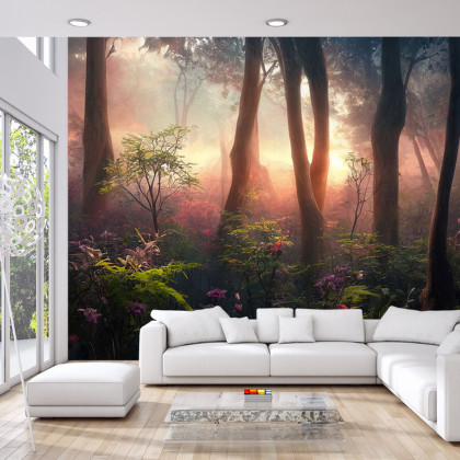 Fototapeta Colorful Sunset Forest Scenery With Beautiful Trees And Plants, Natural Green Environment With Amazing Nature