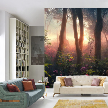 Fototapeta Colorful Sunset Forest Scenery With Beautiful Trees And Plants, Natural Green Environment With Amazing Nature
