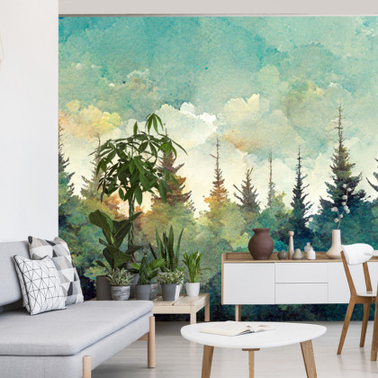 Fototapeta Forest Silhouette Background. Watercolor Painting Of A Spruce Forest