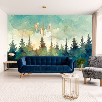 Fototapeta Forest Silhouette Background. Watercolor Painting Of A Spruce Forest