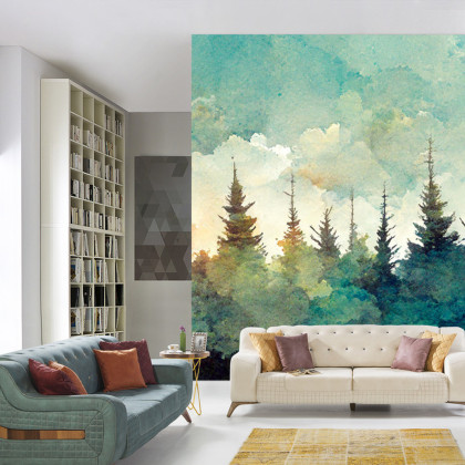 Fototapeta Forest Silhouette Background. Watercolor Painting Of A Spruce Forest