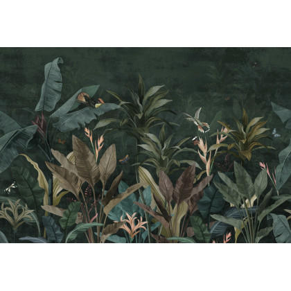 Fototapeta Wallpaper Palm Tropical Forest Vintage Jungle Pattern With Birds Dark Mood