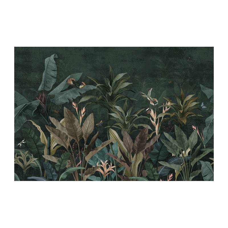 Fototapeta Wallpaper Palm Tropical Forest Vintage Jungle Pattern With Birds Dark Mood