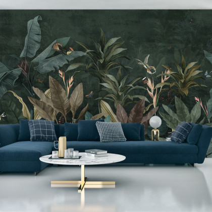 Fototapeta Wallpaper Palm Tropical Forest Vintage Jungle Pattern With Birds Dark Mood