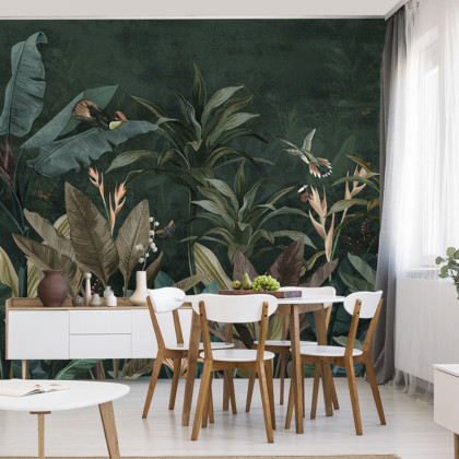 Fototapeta Wallpaper Palm Tropical Forest Vintage Jungle Pattern With Birds Dark Mood
