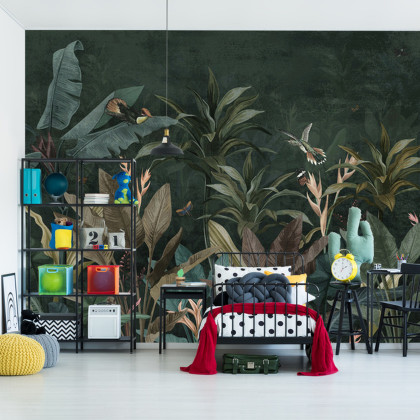 Fototapeta Wallpaper Palm Tropical Forest Vintage Jungle Pattern With Birds Dark Mood