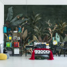 Fototapeta Wallpaper Palm Tropical Forest Vintage Jungle Pattern With Birds Dark Mood