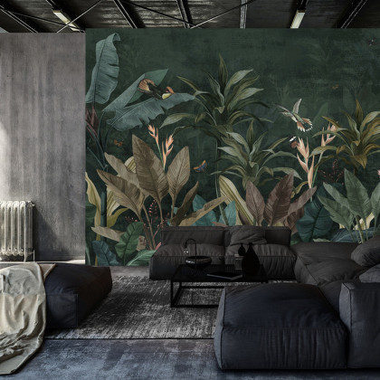 Fototapeta Wallpaper Palm Tropical Forest Vintage Jungle Pattern With Birds Dark Mood