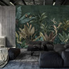 Fototapeta Wallpaper Palm Tropical Forest Vintage Jungle Pattern With Birds Dark Mood