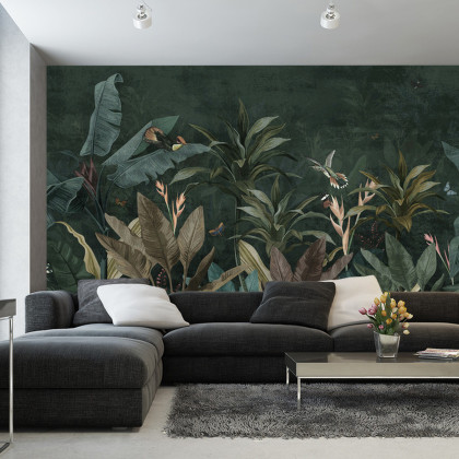 Fototapeta Wallpaper Palm Tropical Forest Vintage Jungle Pattern With Birds Dark Mood