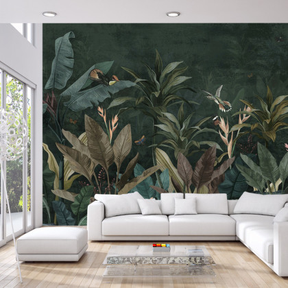 Fototapeta Wallpaper Palm Tropical Forest Vintage Jungle Pattern With Birds Dark Mood