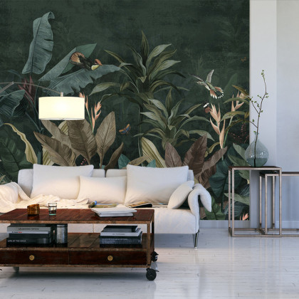 Fototapeta Wallpaper Palm Tropical Forest Vintage Jungle Pattern With Birds Dark Mood