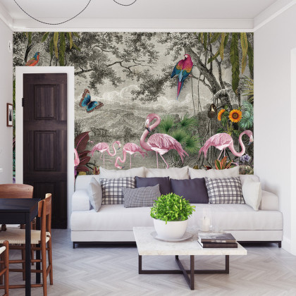 Fototapeta Wallpaper Jungle And Tropical Forest Banana Palm And Tropical Birds, Old Drawing