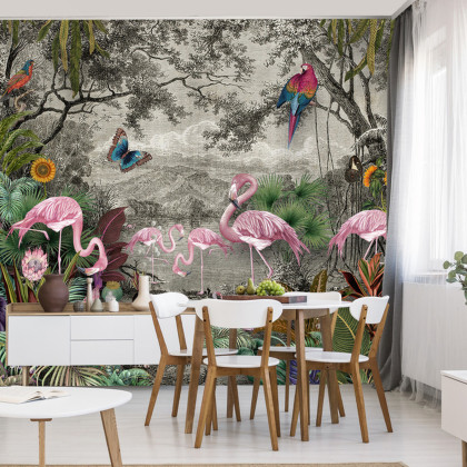 Fototapeta Wallpaper Jungle And Tropical Forest Banana Palm And Tropical Birds, Old Drawing