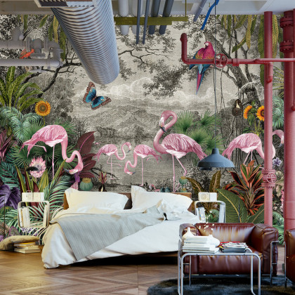 Fototapeta Wallpaper Jungle And Tropical Forest Banana Palm And Tropical Birds, Old Drawing