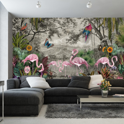 Fototapeta Wallpaper Jungle And Tropical Forest Banana Palm And Tropical Birds, Old Drawing
