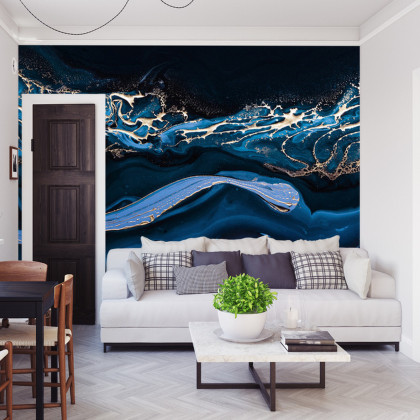 Fototapeta Fluid Art. Liquid Metallic Gold In Abstract Blue Wave. Marble Effect Background Or Texture