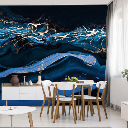 Fototapeta Fluid Art. Liquid Metallic Gold In Abstract Blue Wave. Marble Effect Background Or Texture