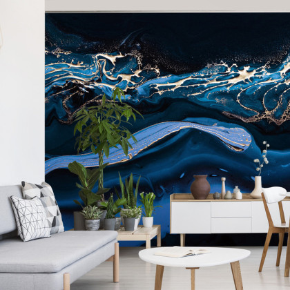Fototapeta Fluid Art. Liquid Metallic Gold In Abstract Blue Wave. Marble Effect Background Or Texture