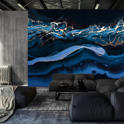 Fototapeta Fluid Art. Liquid Metallic Gold In Abstract Blue Wave. Marble Effect Background Or Texture