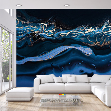 Fototapeta Fluid Art. Liquid Metallic Gold In Abstract Blue Wave. Marble Effect Background Or Texture