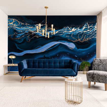 Fototapeta Fluid Art. Liquid Metallic Gold In Abstract Blue Wave. Marble Effect Background Or Texture
