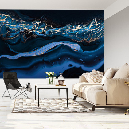 Fototapeta Fluid Art. Liquid Metallic Gold In Abstract Blue Wave. Marble Effect Background Or Texture