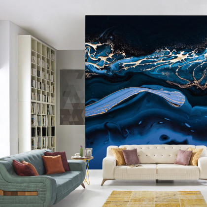 Fototapeta Fluid Art. Liquid Metallic Gold In Abstract Blue Wave. Marble Effect Background Or Texture