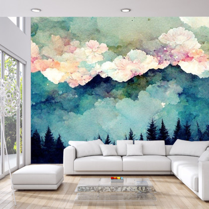 Fototapeta Forest Silhouette Background. Watercolor Painting Of A Spruce Forest