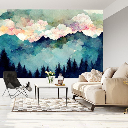 Fototapeta Forest Silhouette Background. Watercolor Painting Of A Spruce Forest