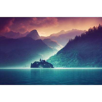 Fototapeta Fantasy Concept Showing A Lake Bled, Slovenia. Digital Art Style, Painting , Horizontal Side View, Skyline